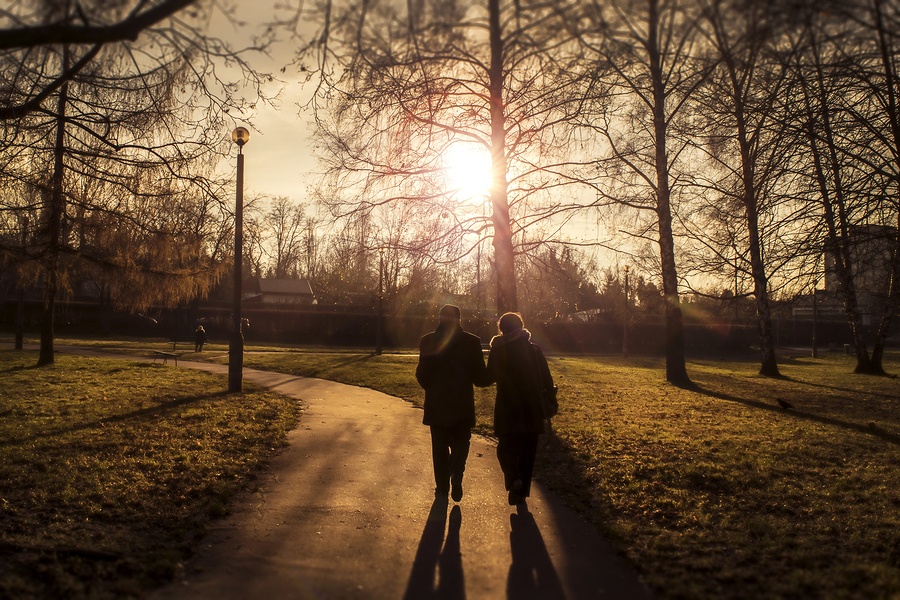 sunset walking couple